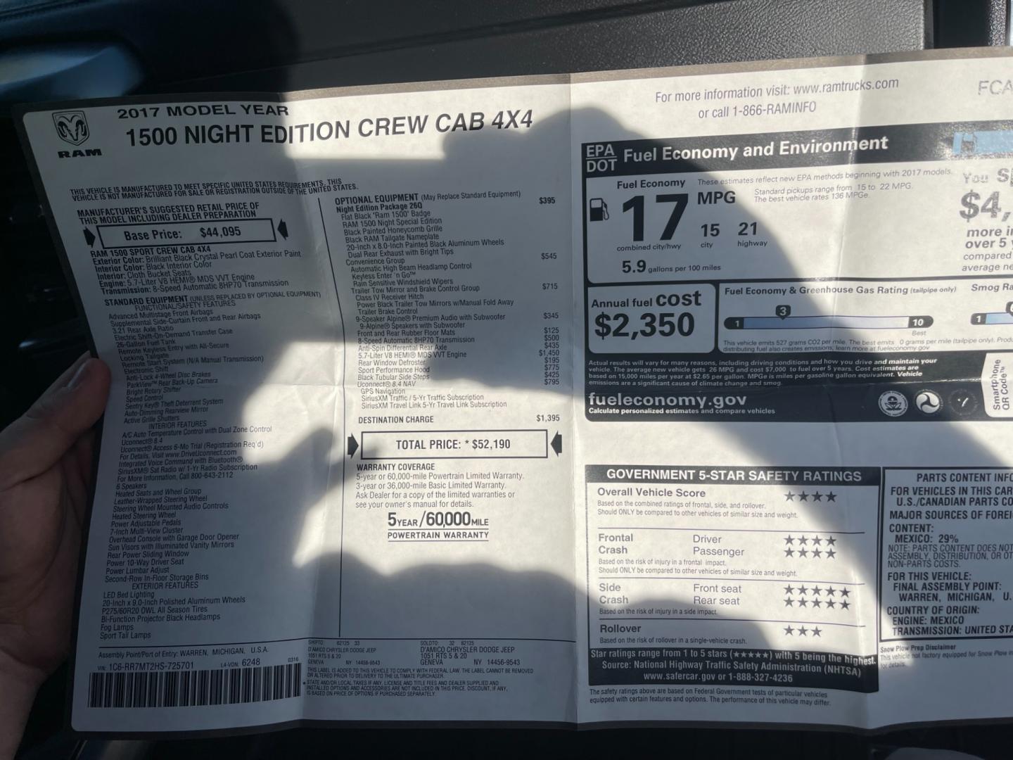 2017 Black /Black RAM 1500 Night Edition Crew Cab SWB 4WD (1C6RR7MT2HS) with an 5.7L V8 OHV 16V engine, 8A transmission, located at 547 E. Main St., Orwell, OH, 44076, (440) 437-5893, 41.535435, -80.847855 - Photo#53